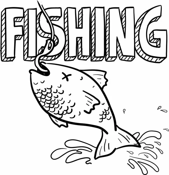 Doodle Tarzı Balıkçılık Sporu Illüstrasyonu Kancaya Takılmış Balık Metin Içerir — Stok Vektör