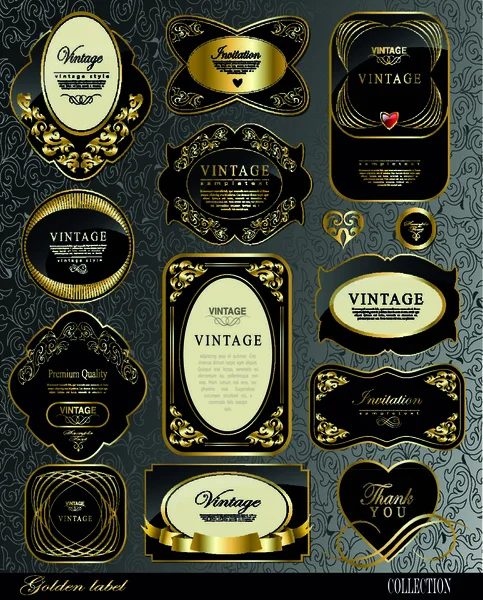 Vektör Grafik Siyah Geçmişe Dönük Altın Etiketli Koleksiyon — Stok Vektör