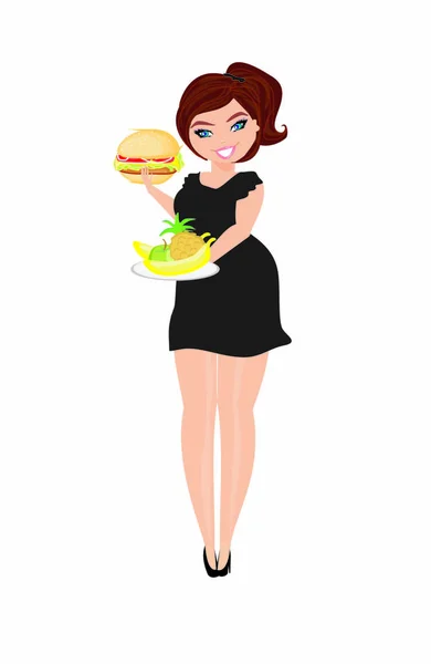 Толстая Женщина Выбирает Между Фруктами Гамбургером Isolated — стоковый вектор