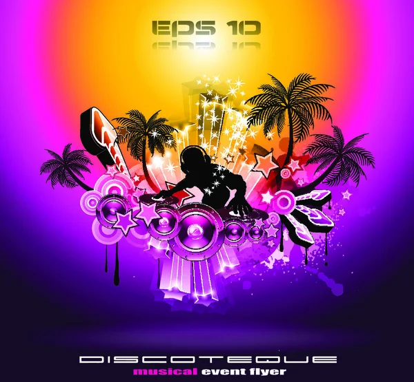 Τροπική Μουσική Κόμμα Disco Flyer Sunset Magic Φώτα — Διανυσματικό Αρχείο