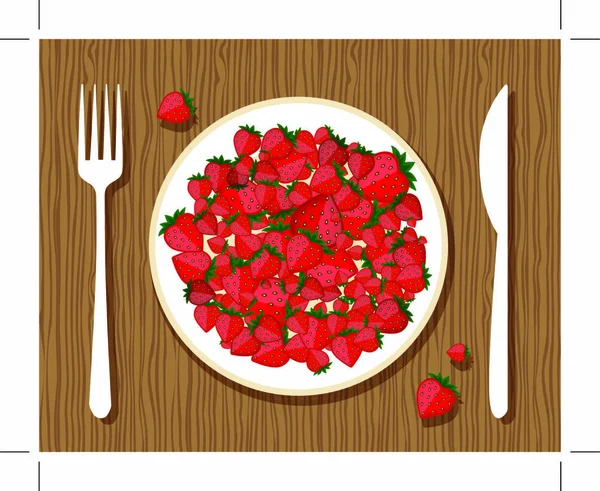 你的设计是在盘子里放草莓 刀叉和刀叉在木制背景上 — 图库矢量图片