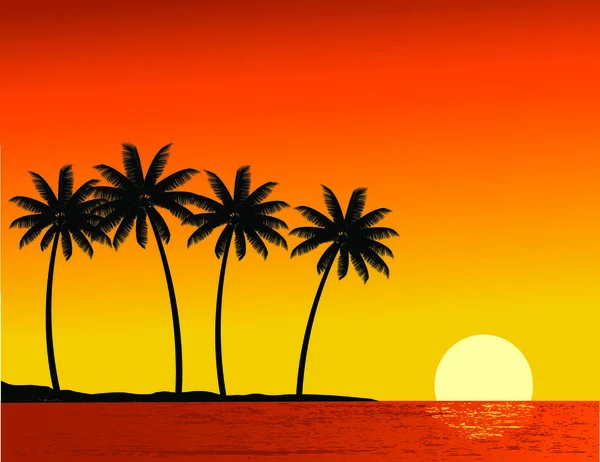 Ilustração Vetorial Silhueta Das Árvores Pôr Sol Ilha Tropical —  Vetores de Stock