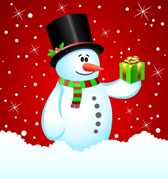Vector Illustratie Van Sneeuwpop Met Een Geschenk — Stockvector