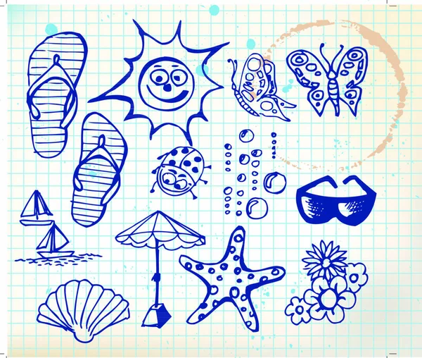 Nyári Doodle Elemek Nap Óceán Virág — Stock Vector