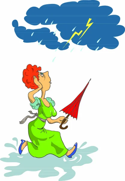 Loužích Běhá Žena Deštníkem Ruce Bouří Kreslenými Pohádkami — Stockový vektor