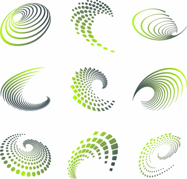 Set Nine Abstract Wave Icons Geometric Shapes Grey Green Shades — Stock Vector