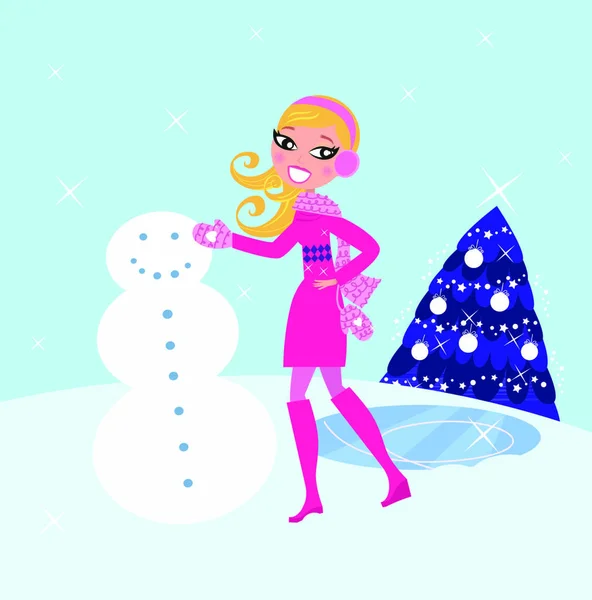 Mujer Rubia Linda Construyendo Muñeco Nieve Ilustración Vectorial — Vector de stock