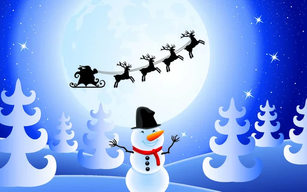 Vector Navidad Vacaciones Fondo Con Santa Claus Árboles Muñeco Nieve — Vector de stock
