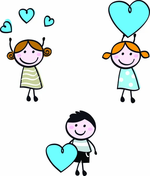 Lindos Niños Garabatos Con Corazones San Valentín Dibujos Animados Vectoriales — Vector de stock