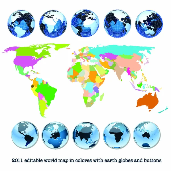 Mappa Del Mondo Modificabile Colori Con Globi Pulsanti Della Terra — Vettoriale Stock