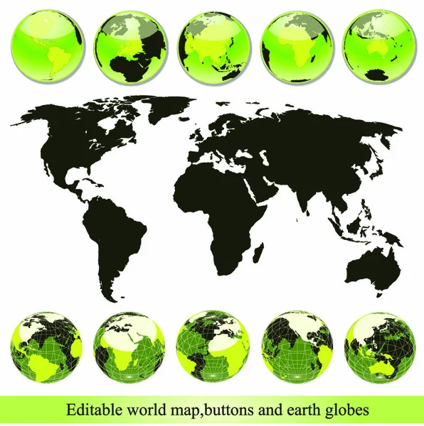 Mappa Del Mondo Modificabile Pulsanti Globi Terrestri Verde — Vettoriale Stock