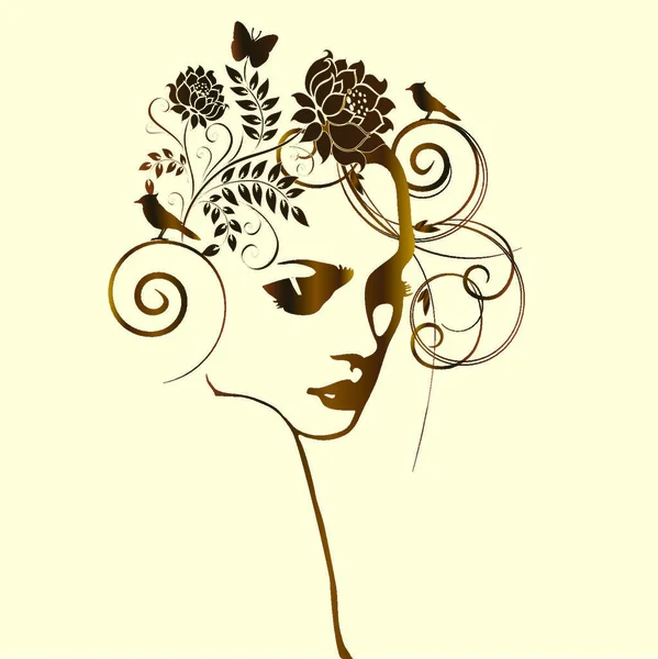 Beautiful Woman Baroque Hair Ink Drawing — Stock Vector