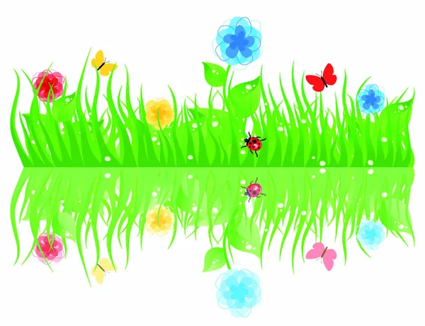 Hierba Verde Con Flores Una Ilustración Vectorial — Vector de stock
