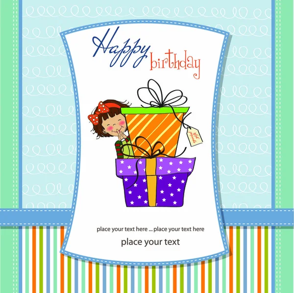 Cute Little Girl Hidden Boxes Gifts Happy Birthday Greeting Card — Stock Vector