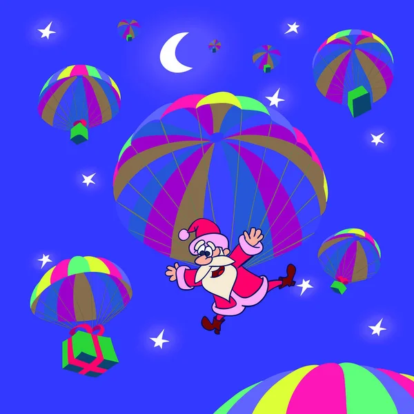 Aterrizaje Paracaídas Santa Claus Con Regalos Navidad — Vector de stock