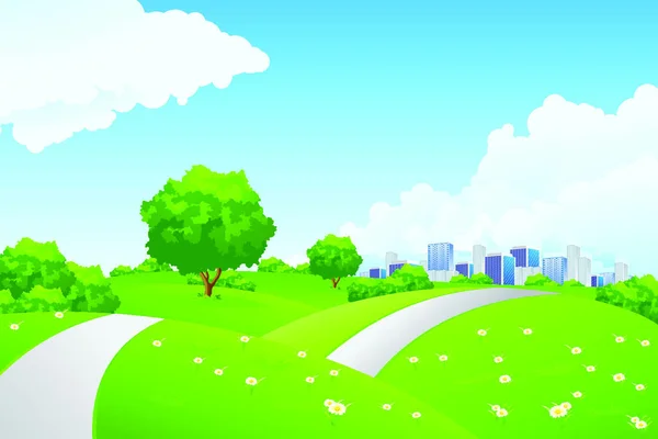 Landscape Green Hills Tree Cityscape Cloudscape — Stock Vector