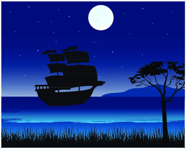 Barco Vela Lado Isla Tropical Noche — Vector de stock