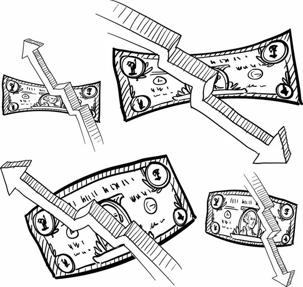 Doodle Stile Inflazione Deflazione Simboli Valore Carta Moneta Dollaro Bolletta — Vettoriale Stock