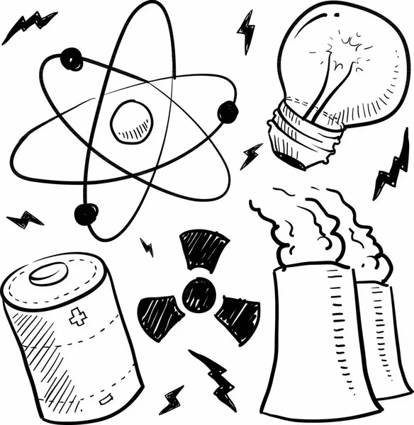 Doodle Style Nuclear Energy Power Sketch Vector Format Set Includes — Stock Vector