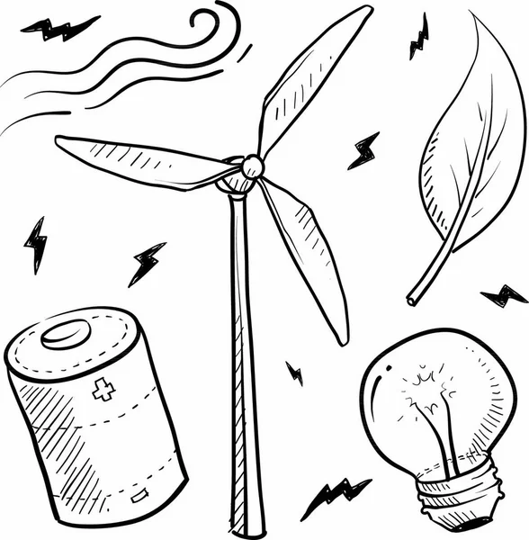 矢量格式的涂鸦式可再生能源草图 套件包括叶片 灯泡和风车 — 图库矢量图片