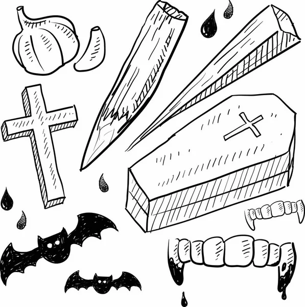ベクトル形式で設定された落書きスタイルの吸血鬼の伝承 ニンニク 十字架 バット 血の牙が含まれています — ストックベクタ
