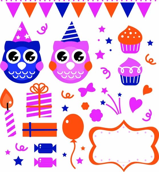 Retro Owl Birthday Party Elements Set Vector Cartoon — Stock Vector