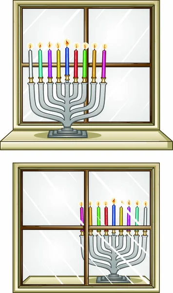 Векторна Ілюстрація Хануки Свічками Перед Вікном Єврейського Свята Ханука — стоковий вектор