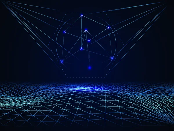 Ondes Quadrillées Polygonales Vectorielles Abstraites Cyberespace Avec Cube — Image vectorielle