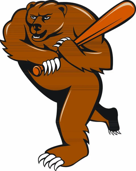 Ilustracja Grizzly Niedźwiedź Baseball Gracz Stojący Trzymając Kij Pałkarz Oglądane — Wektor stockowy