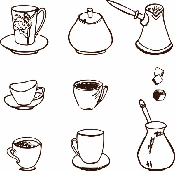 Met Hand Getekend Illustratie Set Van Koffie Accessoires Pictogrammen — Stockvector