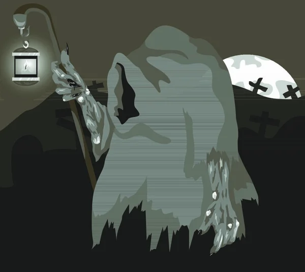 Illustration Vectorielle Fantôme Avec Une Lanterne Dans Cimetière — Image vectorielle