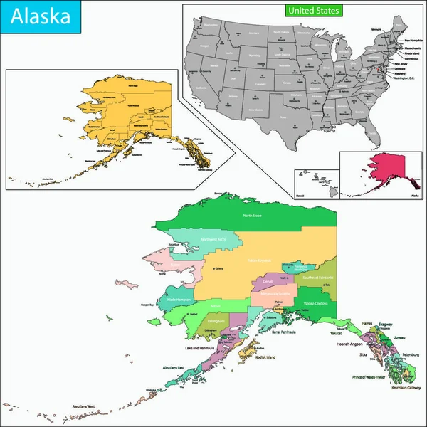 Χάρτης Της Πολιτείας Της Αλάσκας Σχεδιασμένο Εικονογράφηση Τις Κομητείες Και — Διανυσματικό Αρχείο