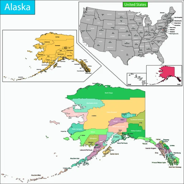 Mapa Státu Aljaška Navržená Pro Ilustraci Okresy Krajskými Sídly — Stockový vektor