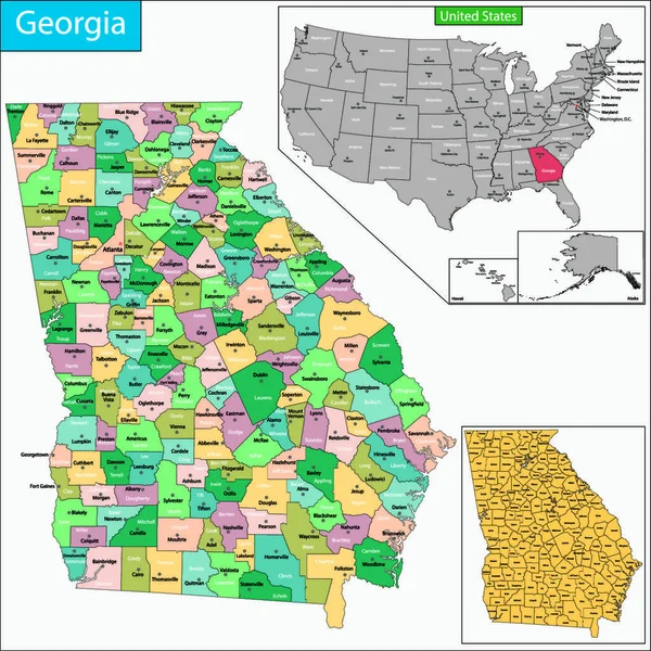 Mapa Stanu Georgia Zaprojektowany Ilustracji Hrabstw Siedzib Powiatu — Wektor stockowy