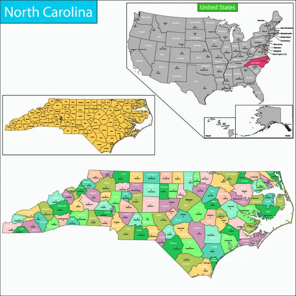 Carte État Caroline Nord Conçue Illustration Avec Les Comtés Les — Image vectorielle