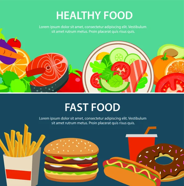 Gezond Eten Fast Food Concept Banner Plat Ontwerp — Stockvector