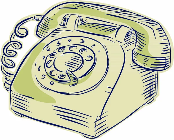 Rytina Ručně Vyrobený Styl Ilustrace Retro Telefon Zobrazen Přední Sady — Stockový vektor