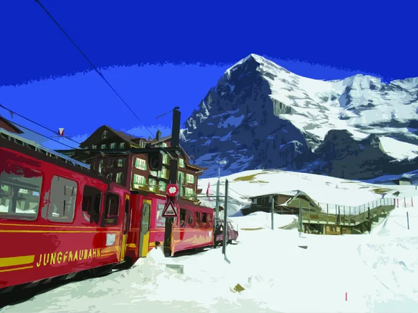 在瑞士阿尔卑斯山中 红色的火车停在离雪地北面不远的地方 — 图库矢量图片