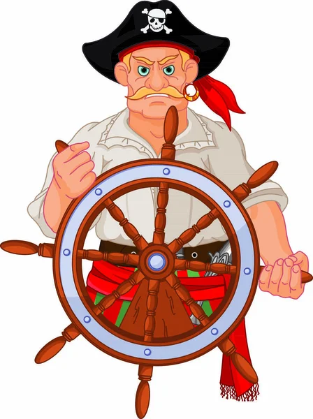 Pirat Vid Hjulet Sitt Skepp — Stock vektor