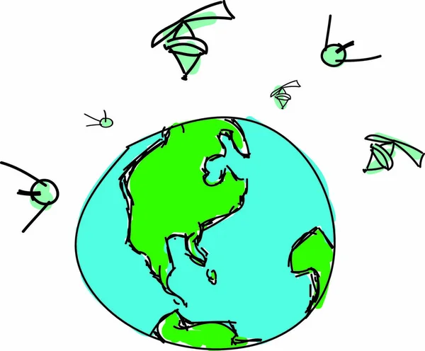 Getrokken Planeet Met Satellieten Witte Achtergrond — Stockvector