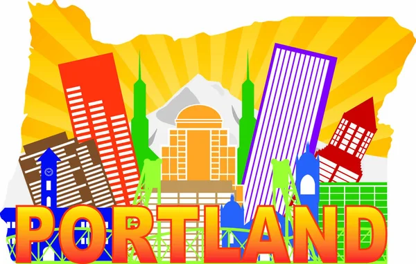 Portland Oregon City Skyline Mount Hood Hawthorne Bridge Map Outline — Stockový vektor