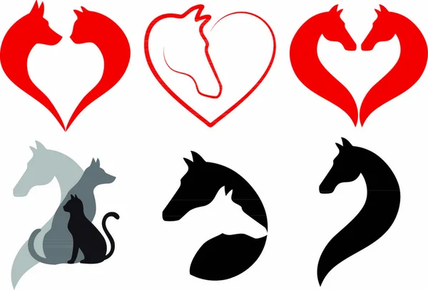 Kat Hond Paard Hart Pictogrammen Dier Liefde Logo Ontwerpen Vector — Stockvector