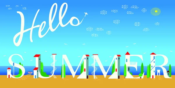 Надпись Hello Summer Милые Белые Домики Побережье — стоковый вектор
