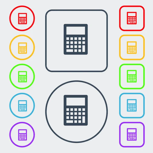 Ícone Calculadora Símbolo Nos Botões Redondos Quadrados Com Quadro Ilustração — Vetor de Stock