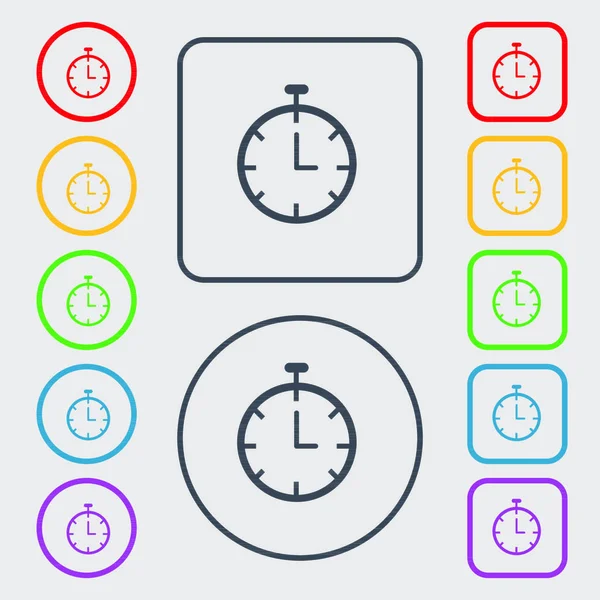 秒表图标标志 符号在圆形和正方形按钮与框架 矢量说明 — 图库矢量图片