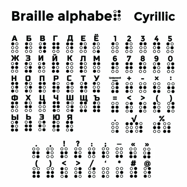 Braille Cirill Ábécé Írásjel Számok Fekete Fehér Eps10 Vektorillusztráció — Stock Vector