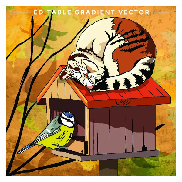 Cat Dan Bird Vektor Ilustrasi Kucing Rumah - Stok Vektor