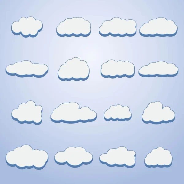 Conjunto Dieciséis Nubes Blancas Diferentes Formas Con Efectos Ilustración Vectorial — Vector de stock