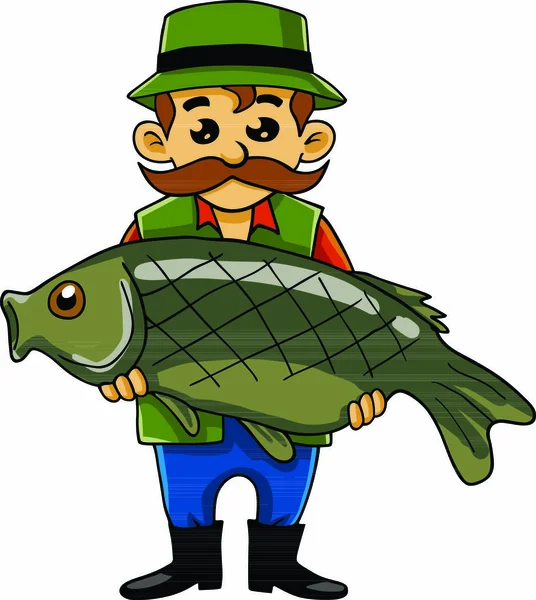 Pêcheur Portant Big Fish Vecteur Bande Dessinée — Image vectorielle
