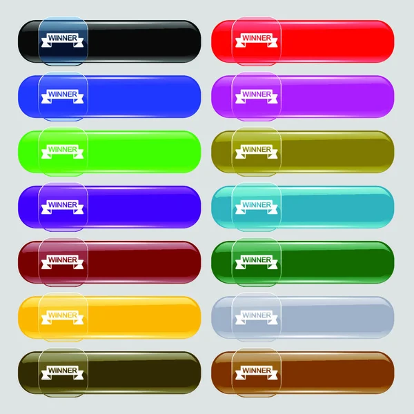 Icône Gagnant Signe Ensemble Quatorze Boutons Verre Multicolores Avec Place — Image vectorielle